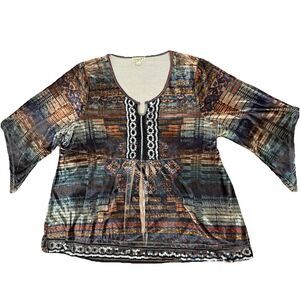 One World Brown Aztec Velour Sequin Kimono Sleeve Top Womens 2X EUC Boho